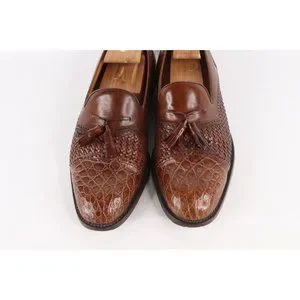Mezlan Mens 11 M Genuine Crocodile Leather Tassel Loafers Shoes Carmel Brown Carmina Unlined Tassel Loafers Burgundy Horween Shell  main image 4